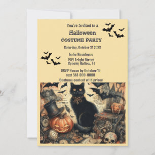 Halloween-Kostenparty Vintage-Schwarze Katze  Einladung