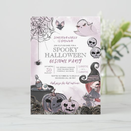 Halloween Kostüm Party Spooky Niedlich Hexe Einladung (Stehend Vorderseite)