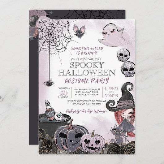 Halloween Kostüm Party Spooky Niedlich Hexe Einladung (Vorne/Hinten)