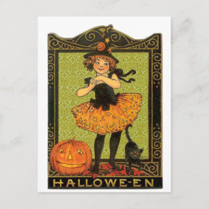 Halloween-Kostüm und Katze Postkarte