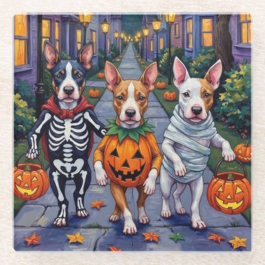 Halloween-Kostüme von Bull Terrier Trick oder Trea Glasuntersetzer (Vorderseite)
