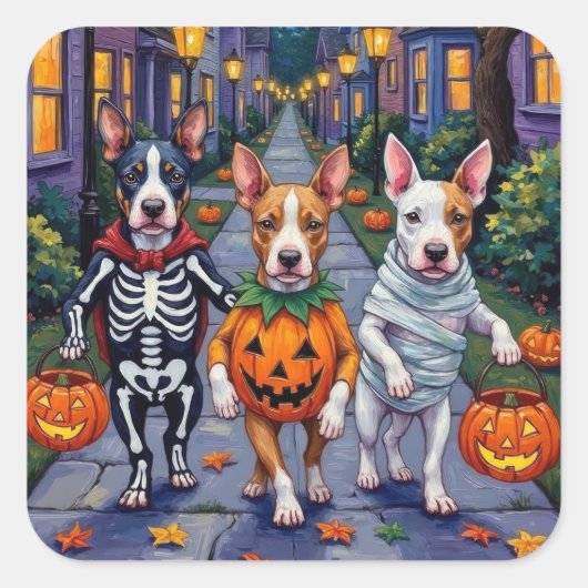 Halloween-Kostüme von Bull Terrier Trick oder Trea Quadratischer Aufkleber (Vorderseite)