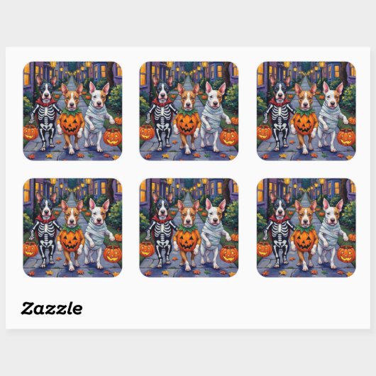 Halloween-Kostüme von Bull Terrier Trick oder Trea Quadratischer Aufkleber (Blatt)