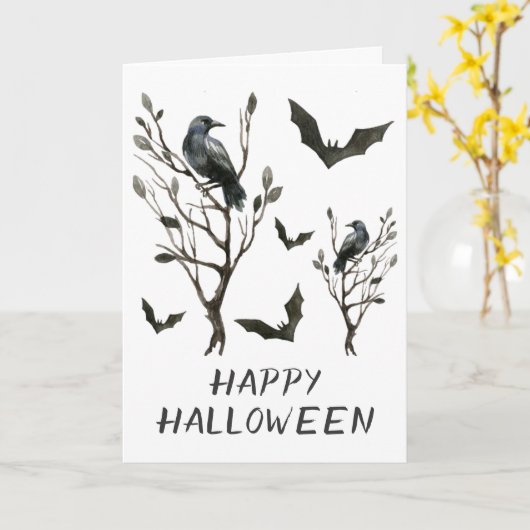 Halloween kräht Schläger-Schwarzweiss-Aquarell Karte (Gelbe Blume)