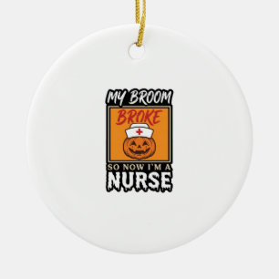 Halloween-Krankenschwester-Kürbis-Besen-Zerbrochen Keramik Ornament