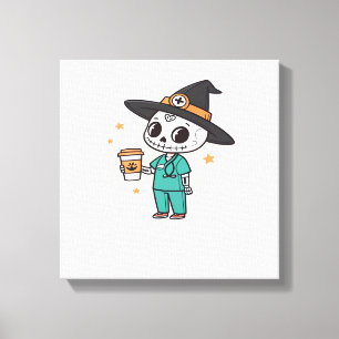 Halloween-Krankenschwester mit Kaffee und Hexenhut Leinwanddruck
