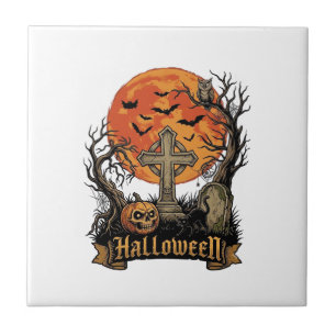 Halloween Kreuz Grabstein Totenkopf Kürbis Schwarz Fliese