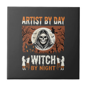 Halloween-Künstler bei Tag, Hexe bei Nacht Design Fliese