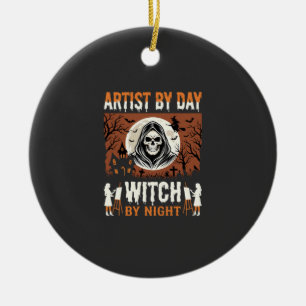 Halloween-Künstler bei Tag, Hexe bei Nacht-Design Keramik Ornament