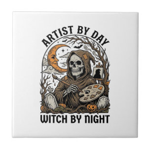 Halloween-Künstlerin Hexe Vintage-Stich Kunst-T-Sh Fliese