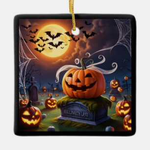 Halloween-Kürbis auf einem Grabstein Keramikornament