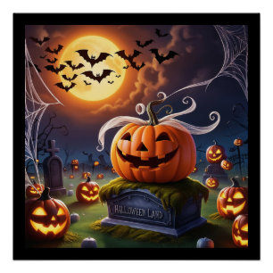 Halloween-Kürbis auf einem Grabstein Poster