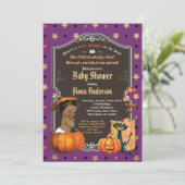 Halloween-Kürbis-Babydusche lila Gold Einladung (Stehend Vorderseite)