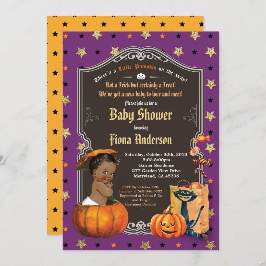 Halloween-Kürbis-Babydusche lila Gold Einladung (Vorne/Hinten)