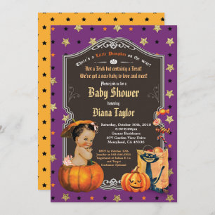 Halloween-Kürbis-Babydusche lila Gold Einladung