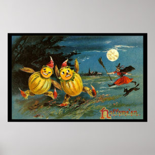 Halloween-Kürbis-Charaktere und Hexe Poster