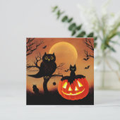Halloween Kürbis, Eule und Katze bei Nacht. Karte (Stehend Vorderseite)