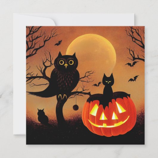 Halloween Kürbis, Eule und Katze bei Nacht. Karte (Vorderseite)
