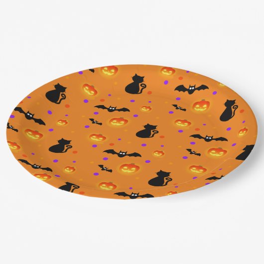 Halloween Kürbis, Fledermäuse und Katzen auf Orang Pappteller (Schrägansicht)