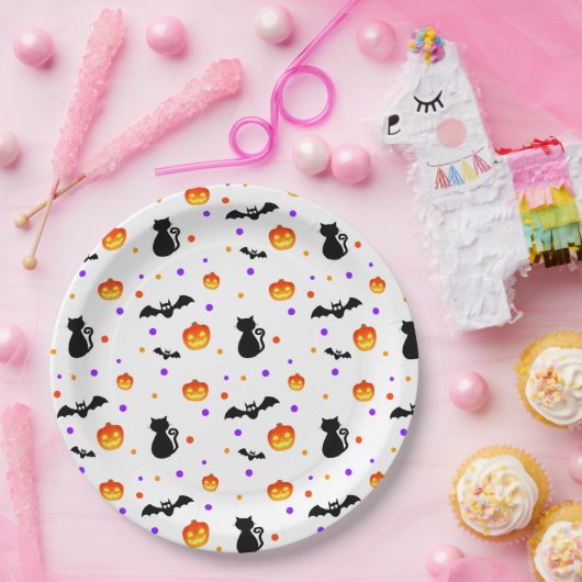 Halloween Kürbis, Fledermäuse und Katzen auf Weiß Pappteller (Party)