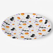Halloween Kürbis, Fledermäuse und Katzen auf Weiß Pappteller (Schrägansicht)