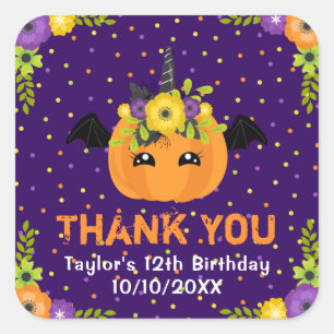 Halloween-Kürbis-Geburtstag-Lila-Danke-Quadrat Quadratischer Aufkleber