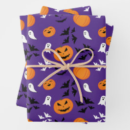 Halloween Kürbis Gespenster Fledermäuse lila Muste Geschenkpapier Set