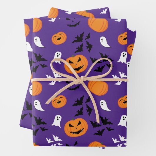 Halloween Kürbis Gespenster Fledermäuse lila Muste Geschenkpapier Set (Beispiel)