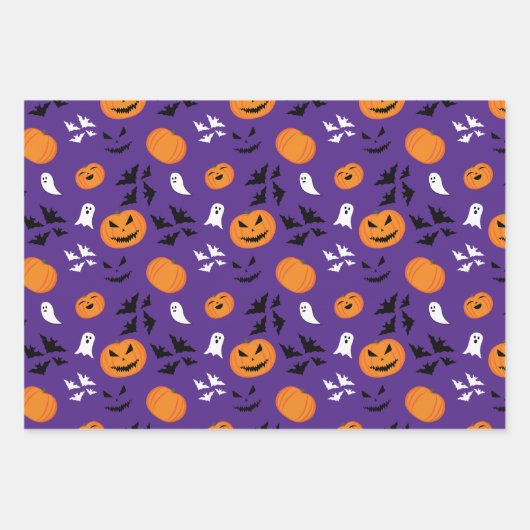 Halloween Kürbis Gespenster Fledermäuse lila Muste Geschenkpapier Set (Vorderseite)