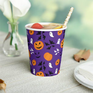Halloween Kürbis Gespenster Fledermäuse lila Muste Pappbecher