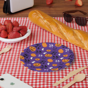 Halloween Kürbis Gespenster Fledermäuse lila Muste Pappteller