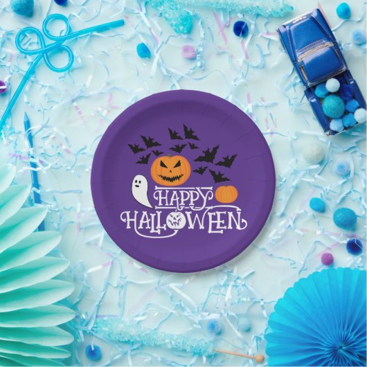 Halloween Kürbis Gespenster Fledermäuse lila Muste Pappteller (Party)