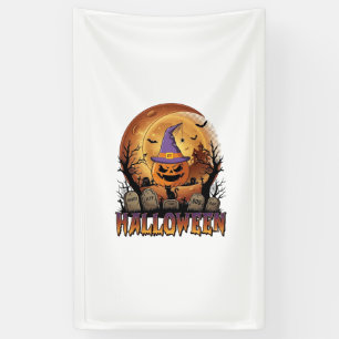 Halloween-Kürbis-Hexenhut-Schwarze Katze Vollmond_ Banner