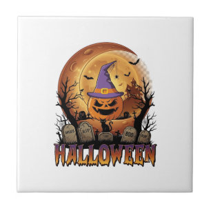 Halloween-Kürbis-Hexenhut-Schwarze Katze Vollmond_ Fliese