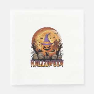 Halloween-Kürbis-Hexenhut-Schwarze Katze Vollmond_ Serviette