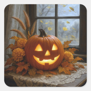 Halloween-Kürbis in Herbstblumen Quadratischer Aufkleber