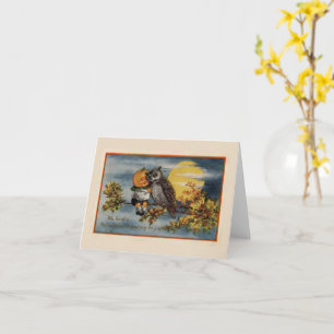 Halloween-Kürbis-Junge-Eule-Baumzweig-Mond-Vintage Karte