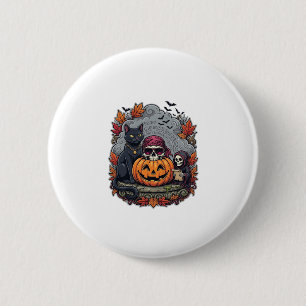 Halloween-Kürbis-Katze-Totenkopf-Sense-Autumn-Laub Button