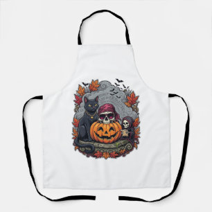 Halloween-Kürbis-Katze-Totenkopf-Sense-Autumn-Laub Schürze