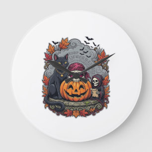 Halloween-Kürbis-Katze-Totenkopf-Sense-Autumn Lea Große Wanduhr