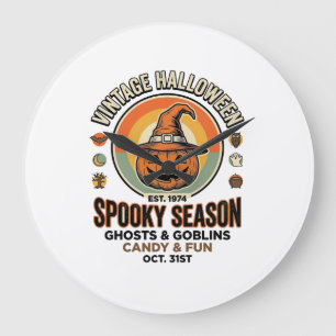 Halloween-Kürbis Lustiger Vintage-Hexenhut_1 Große Wanduhr