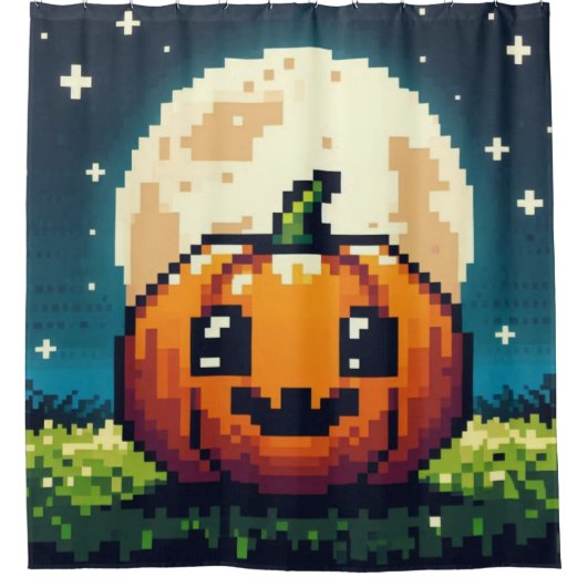 Halloween-Kürbis mit 8 bit unter dem Mond Duschvorhang (Vorderseite)