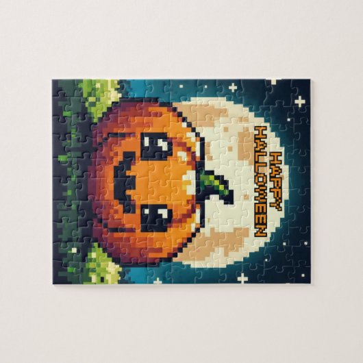 Halloween-Kürbis mit 8 bit unter dem Mond Puzzle (Horizontal)