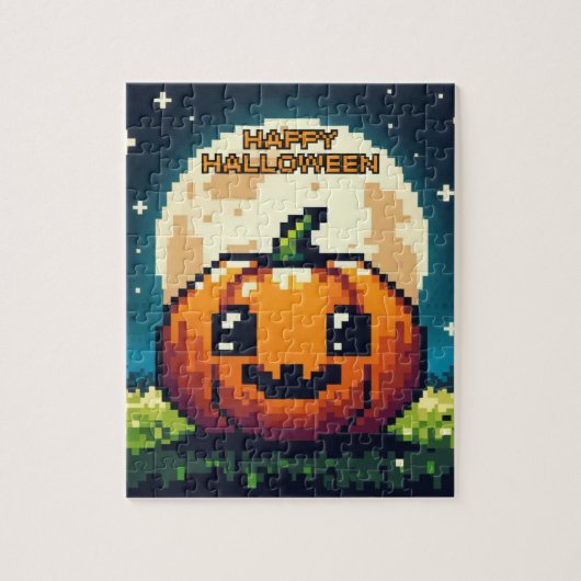 Halloween-Kürbis mit 8 bit unter dem Mond Puzzle (Vertikal)