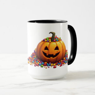 Halloween-Kürbis mit bunter Süßigkeitstrick oder - Tasse