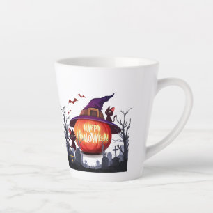 Halloween - Kürbis mit Hexenhut und schwarzen Katz Milchtasse