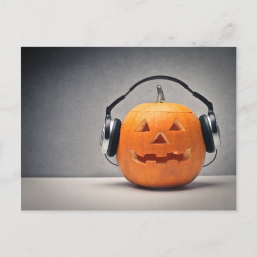 Halloween Kürbis mit Kopfhörern für Musik Postkarte (Vorderseite)