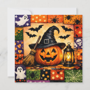 Halloween-Kürbis mit Laterne und Patchwork  Feiertagskarte