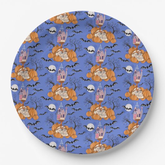 Halloween, Kürbis, Schädel und Fledermäuse Party T Pappteller (Vorderseite)