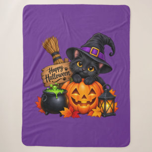 Halloween-Kürbis & schwarze Katze Decke Sherpadecke